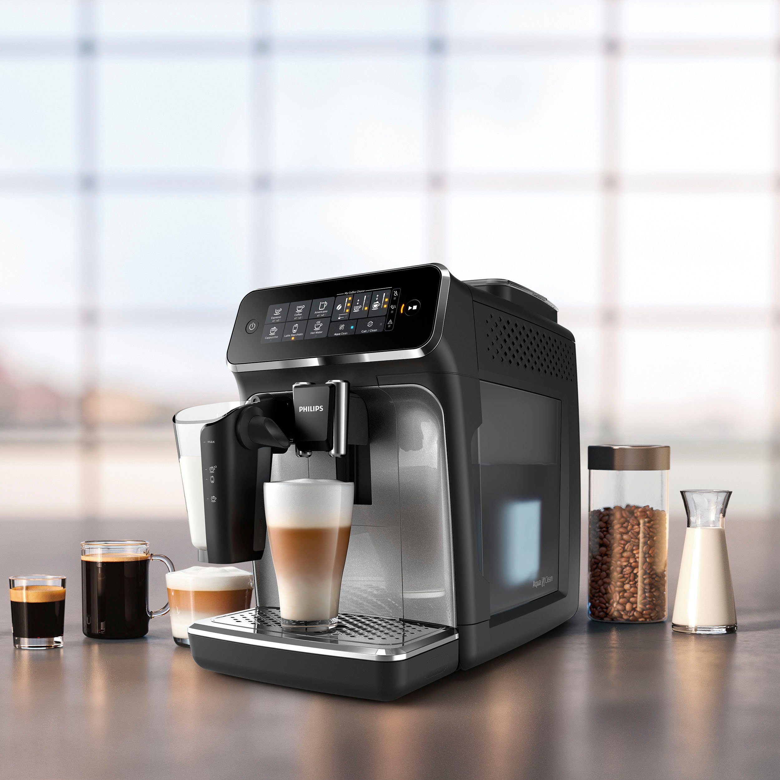 Philips Kaffeevollautomat 3200 Serie EP3246/70 LatteGo, für 5 Kaffeespezialitäten und anpassbarer Stärke, silber schwarz