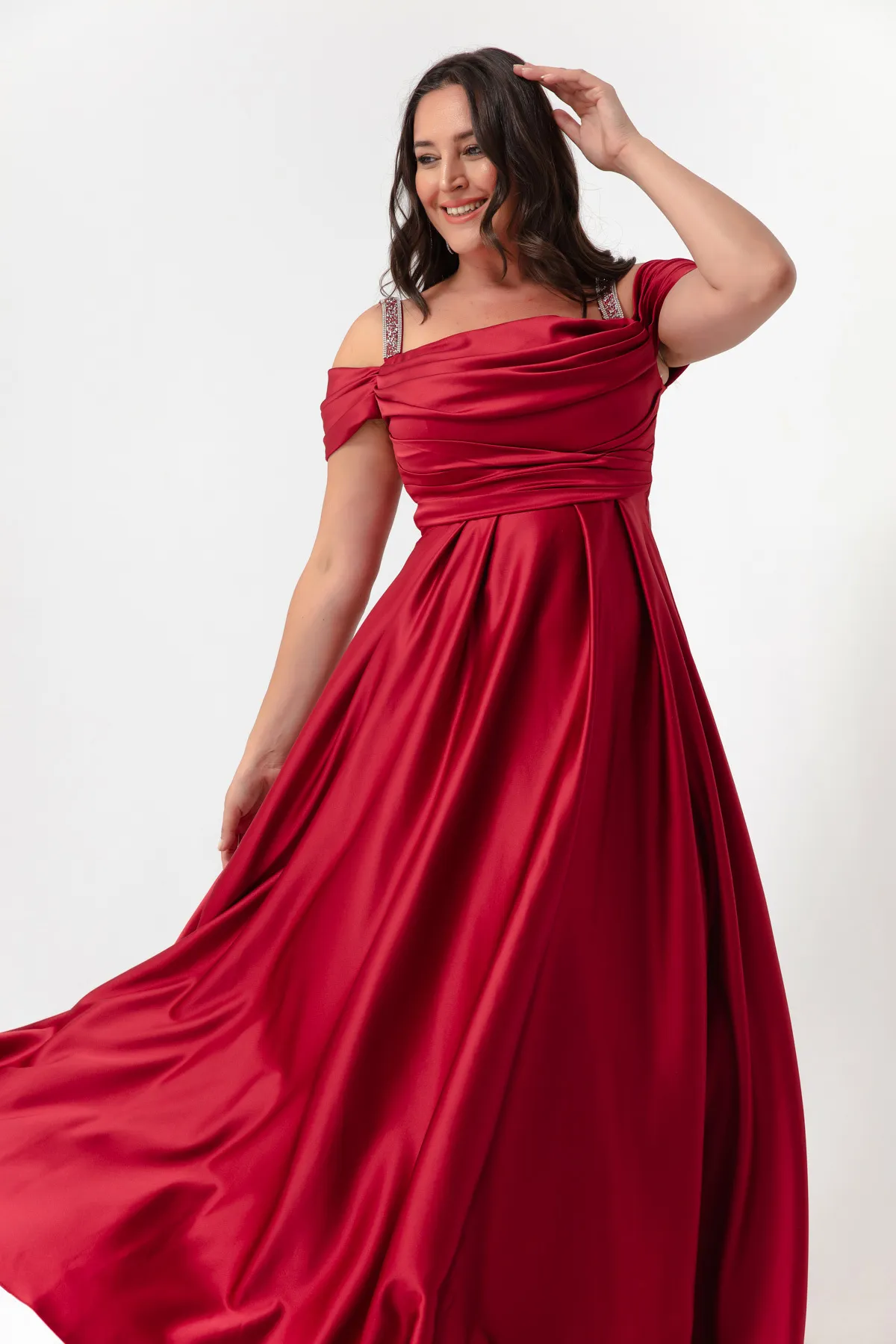 Lafaba  Damen-Abendkleid in Burgunderrot mit Steinträgern, drapiert, langes Abendkleid in Übergröße