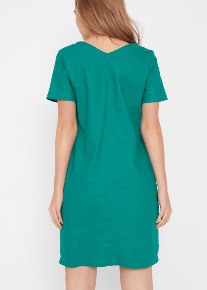 Knielanges Kleid mit Leinen und V-Ausschnitt, Halbarm