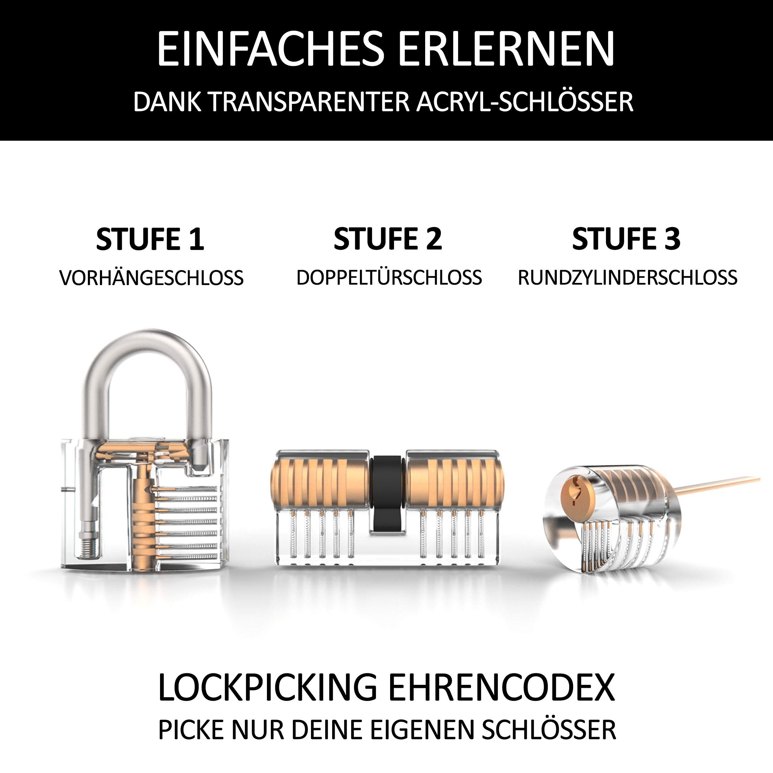 Meistergut Vorhängeschloss Lockpicking Set XXL Profi 24-teilig, 3 Schlösser & Anleitung, (22-tlg., 30 Teiliges Set), Schlüssel entsperren