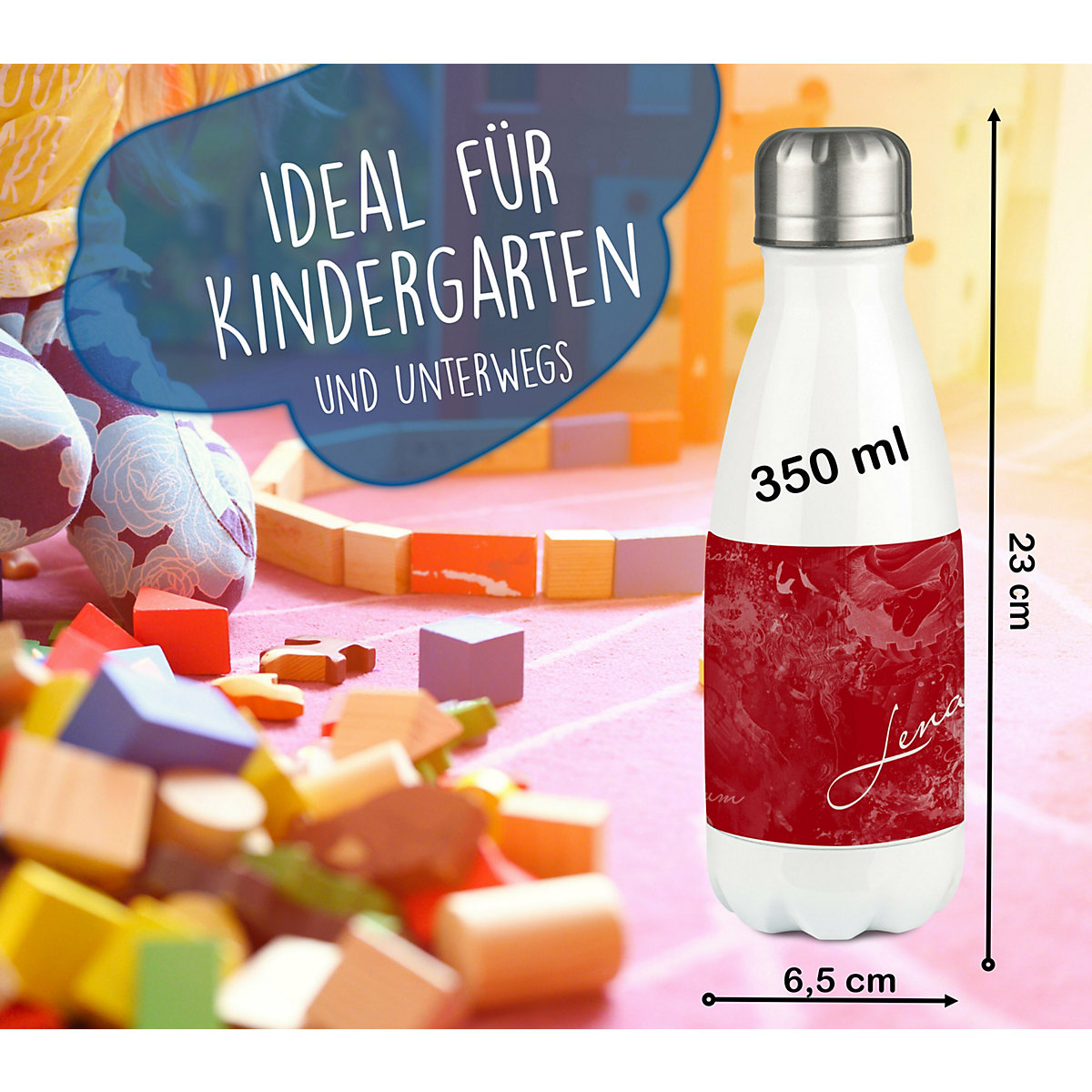 Edelstahl Kinder Thermoflasche / Trinkflasche bunt Traum Farbe rot Spülmaschinenfest, Auslaufsicher, Bruchfest, Doppelwandig, Für Heißgetränke geeignet, Mit Deckel, Isoliert