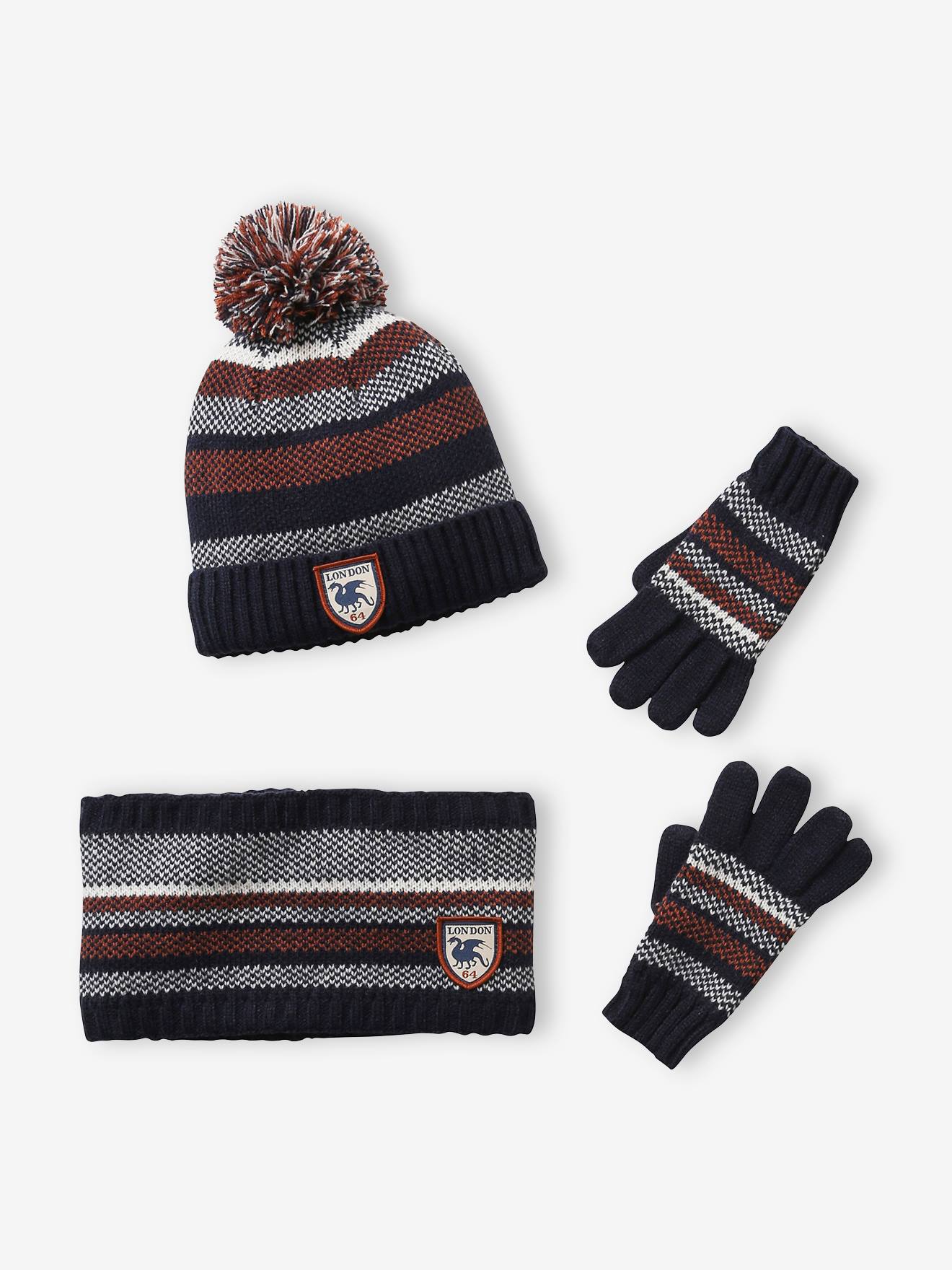 Vertbaudet Jungen Strick-Set: Mütze, Rundschal & Handschuhe, Streifen - marine