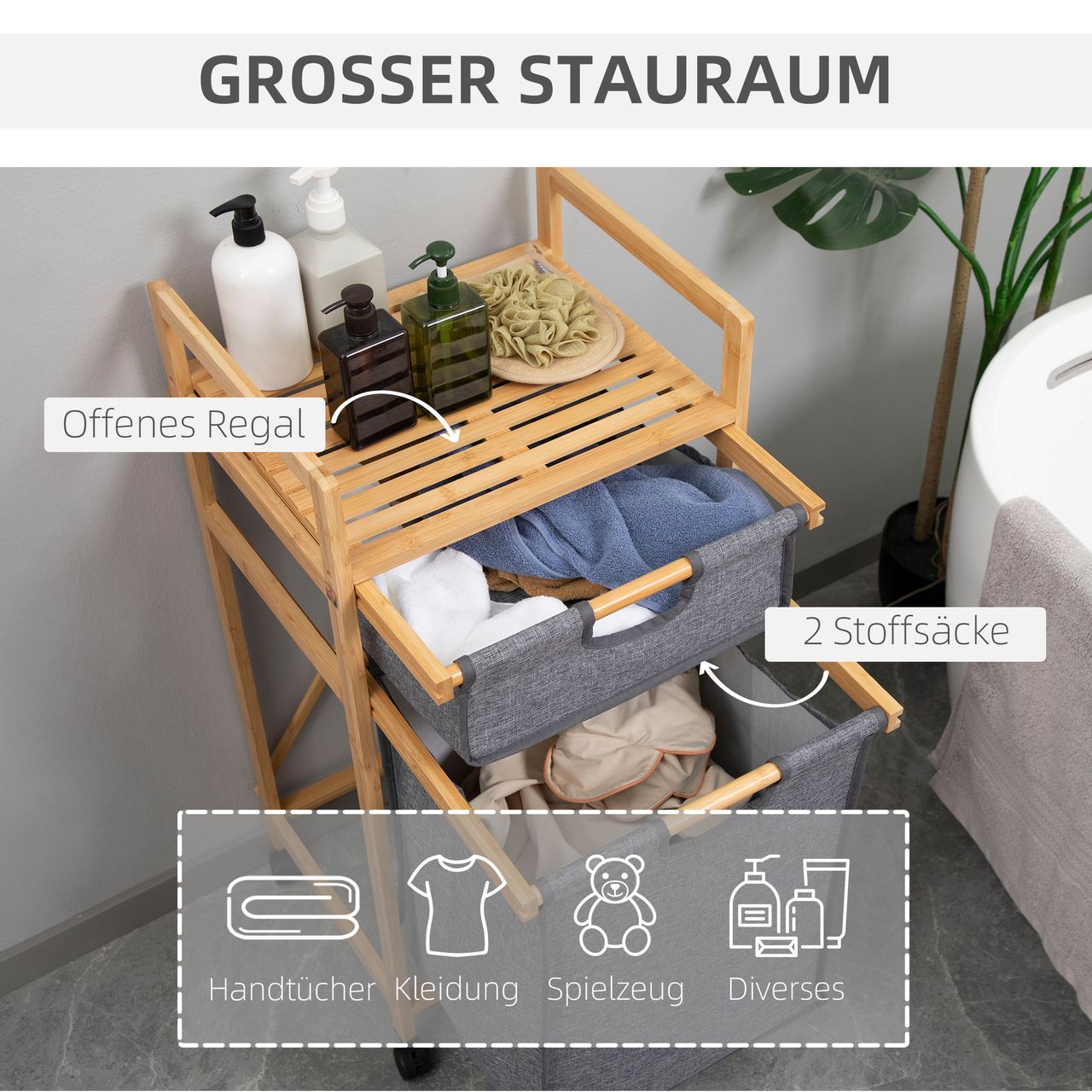 HOMCOM Wäschekorb Wäschebox mit 2 Stoffbeutel Wäschesack Wäschesammler mit Rollen Aufbewahrungskorb Bambus Naturholz Grau 42 x 35 x 84,5 cm