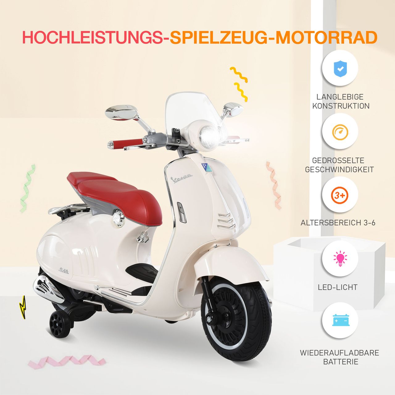 HOMCOM Elektrofahrzeug, Kinderfahrzeug, Kindermotorrad, Elektro-Motorrad mit MP3-Musik Beleuchtung, 3-6 Jahre, PP, Weiß, 108 x 49 x 75 cm
