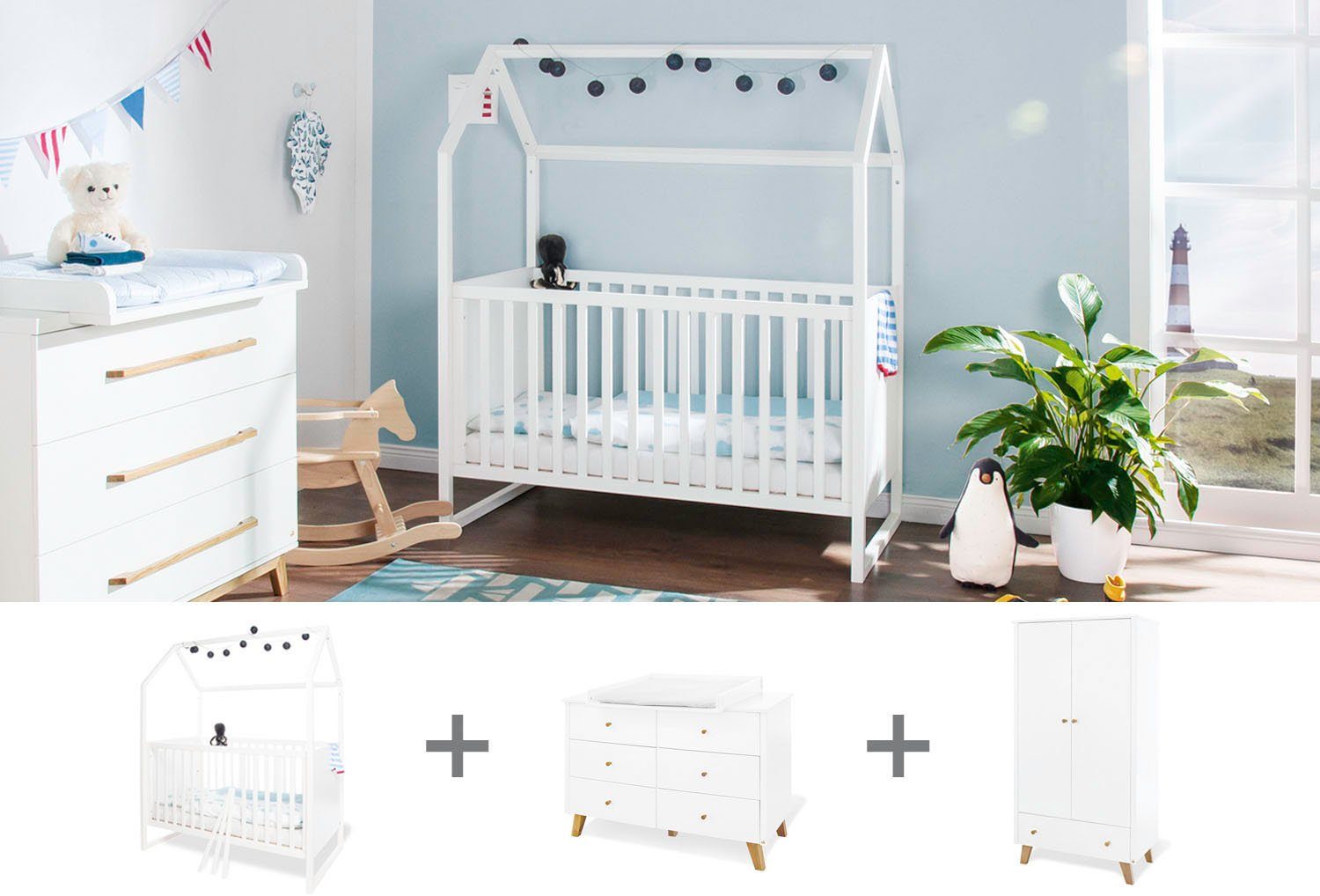 Pinolino® Babyzimmer-Komplettset Hilda & Pan, (Set, 3-St., Hausbett, Wickelkommode, Kleiderschrank), extrabreit; mit Hausbett, Wickelkommode & 2-trg. Kleiderschrank