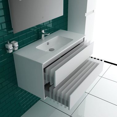 Alpenberger Badezimmer-Set - Waschplatz aus Keramik Handwaschbecken und Schrank mit 2 Schubladen, (Komplett Badmöbel Set, 2-St., Waschbecken mit Unterschrank 100cm), Soft-Close Badunterschrank Weiß hängend & vormontiert