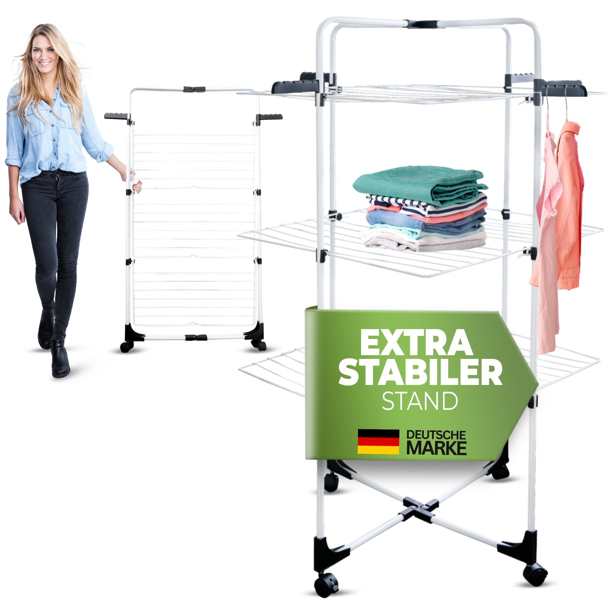 STAHLMANN COMMERCE GmbH Turmwäscheständer 30 m Trockenfläche - klappbarer Wäscheständer - Wäscheturm, Wäschetrockner mit arretierbaren Rollen – extra Stabiler Wäscheständer