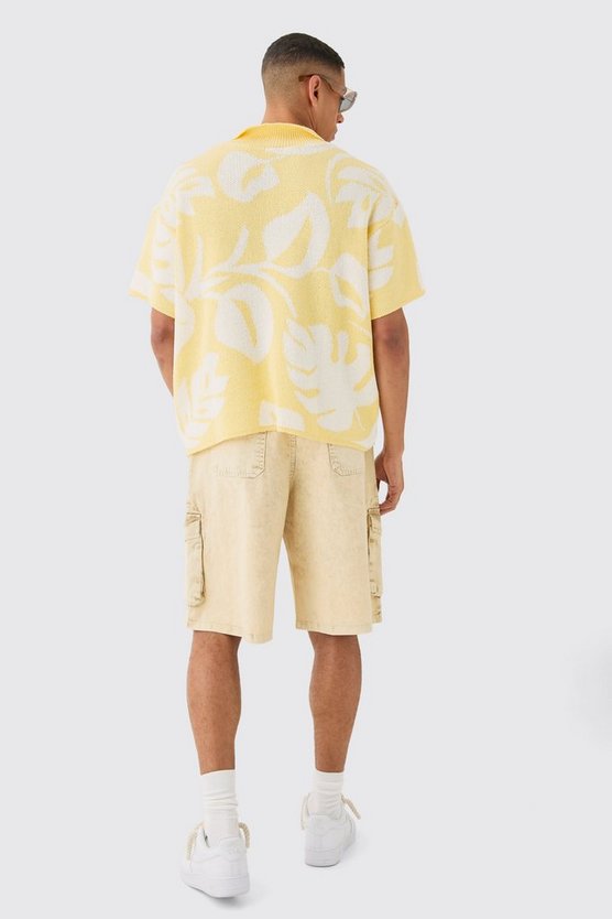 Oversized Boxy Tonal Jacquard Floral Knit Polo