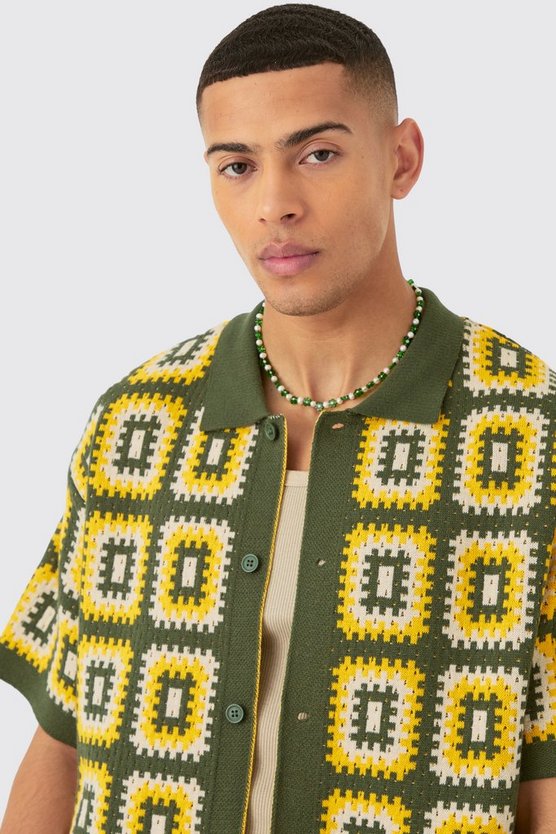 Kastiges gehäkeltes Oversize Hemd in Khaki