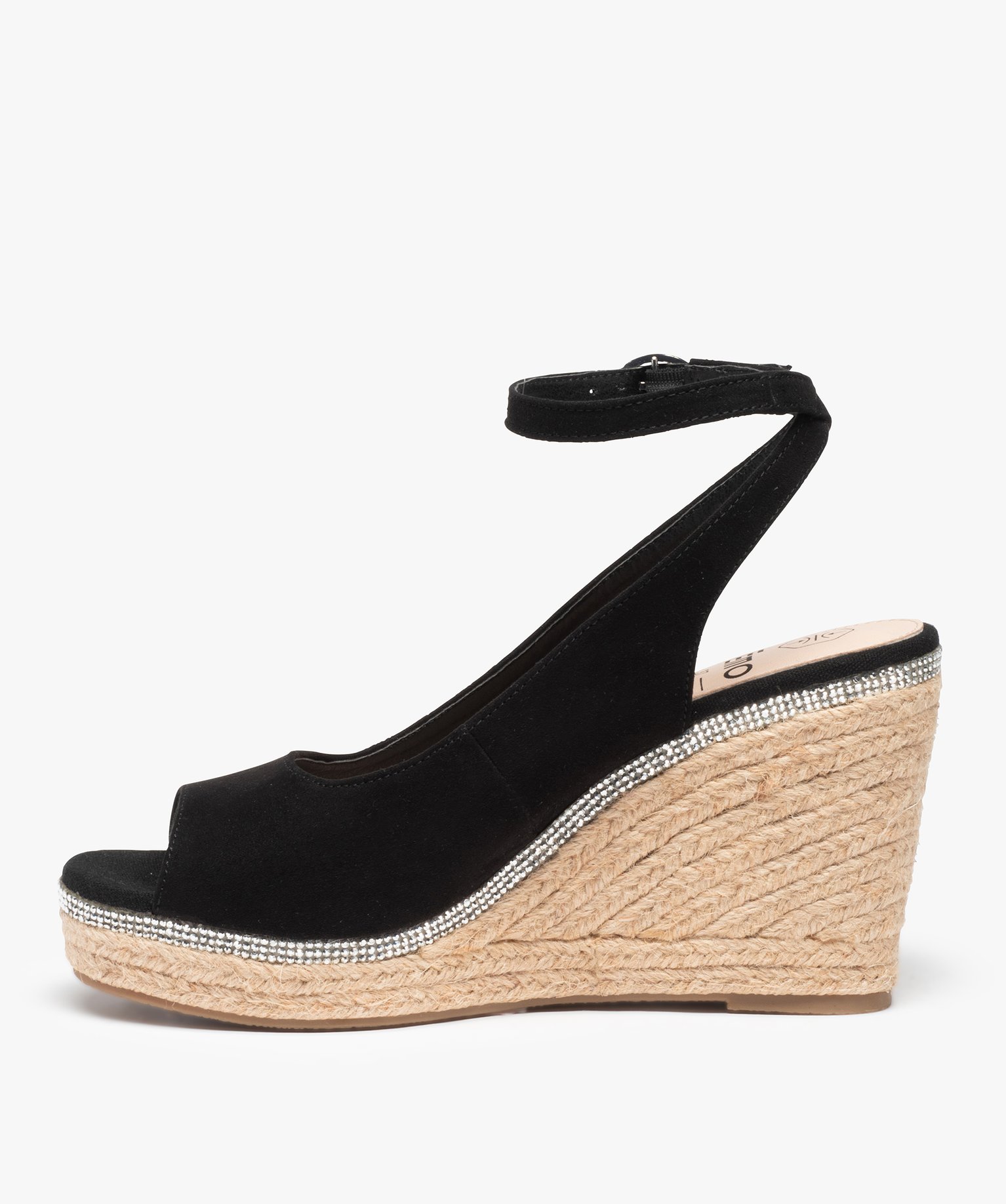 Sandales femme compensées en suédine unie et strass noir | GEMO