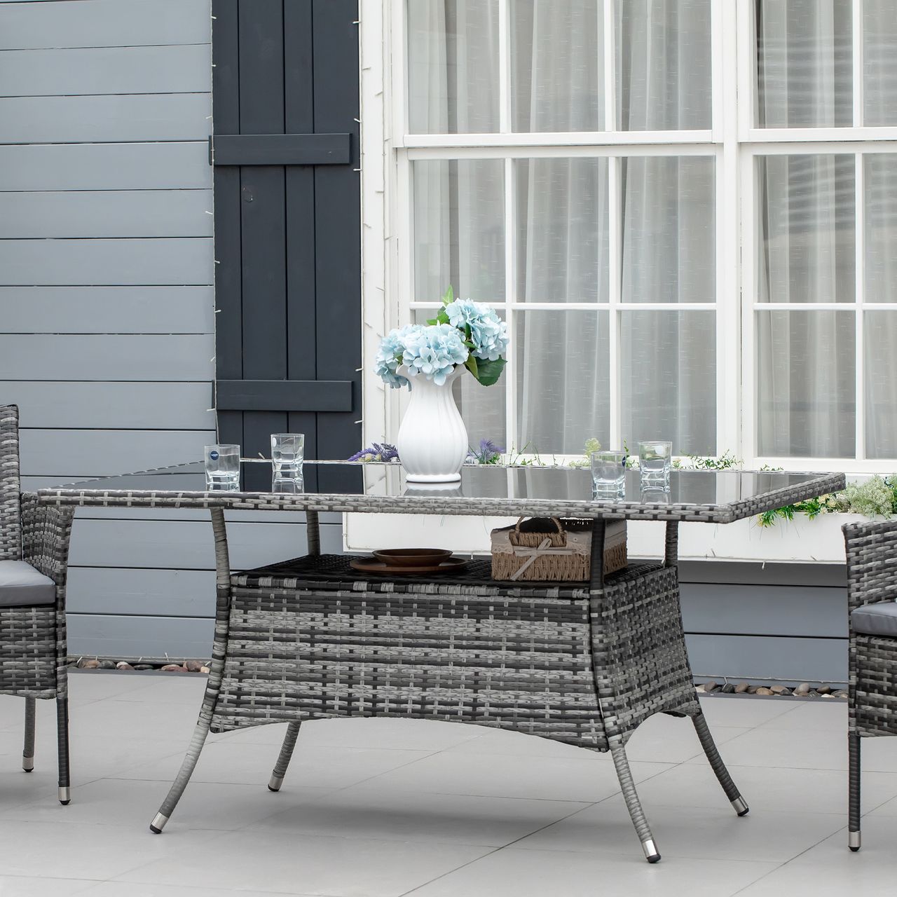 Outsunny Gartentisch Glastisch Esstisch Gartenmöbel Tisch, Polyrattan Sicherheitsglas, Grau Schwarz, 150x85x74cm