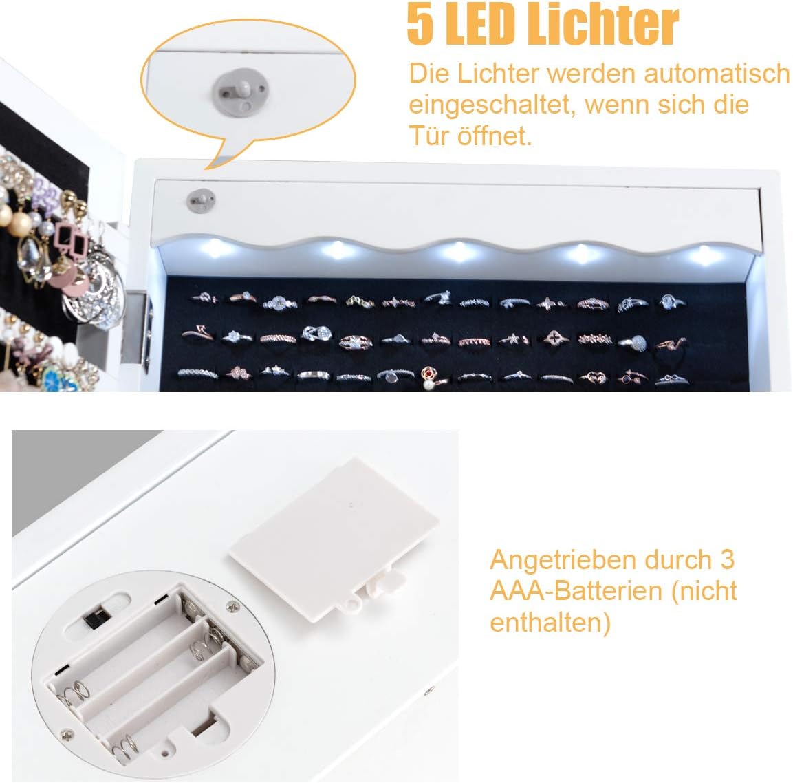 Costway COSTWAY Schmuckschrank mit LED Beleuchtung, 6 Schubladen und Spiegel