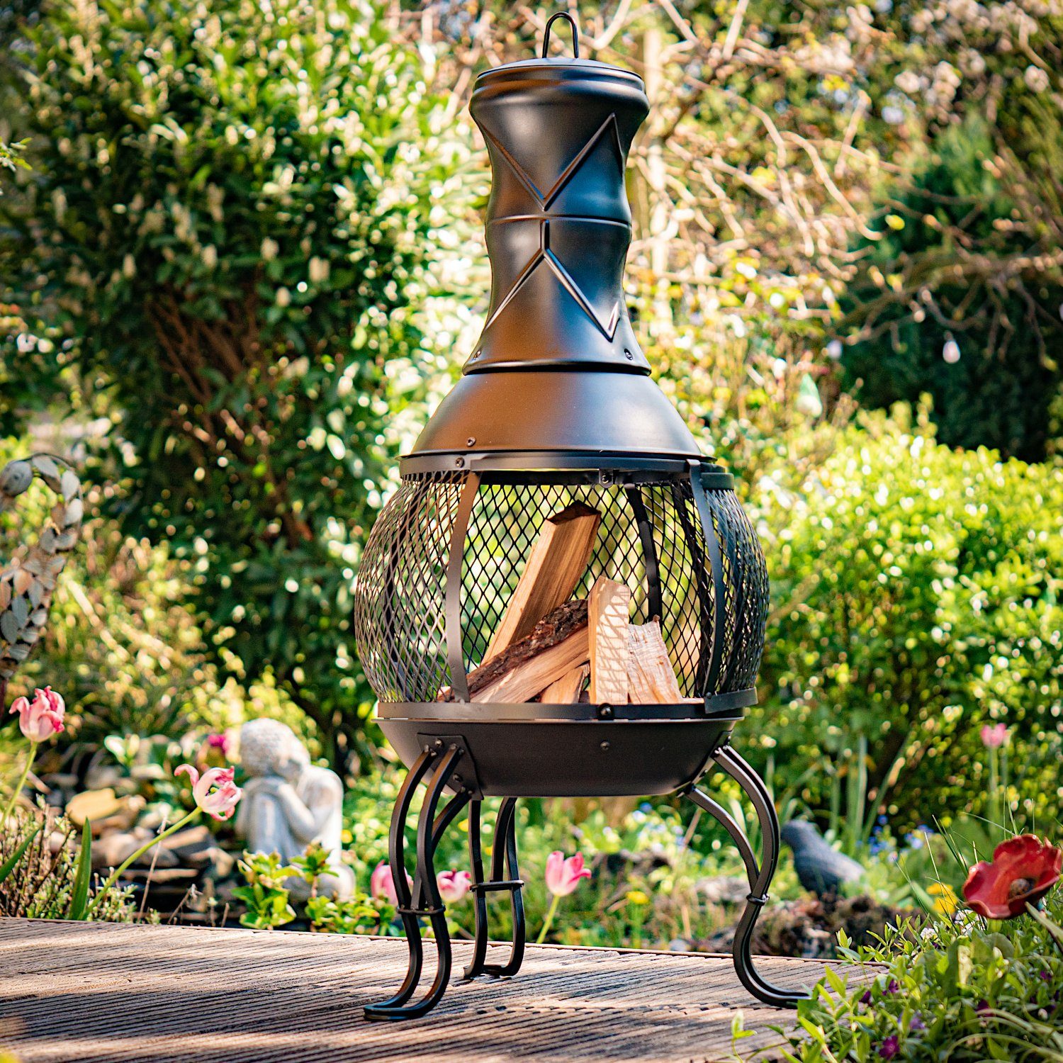 INtrenDU Feuerstelle Gartenofen San Remo 90cm mit Funkenschutz, (inkl. Schürhaken, Funkenschutz und Regendeckel)