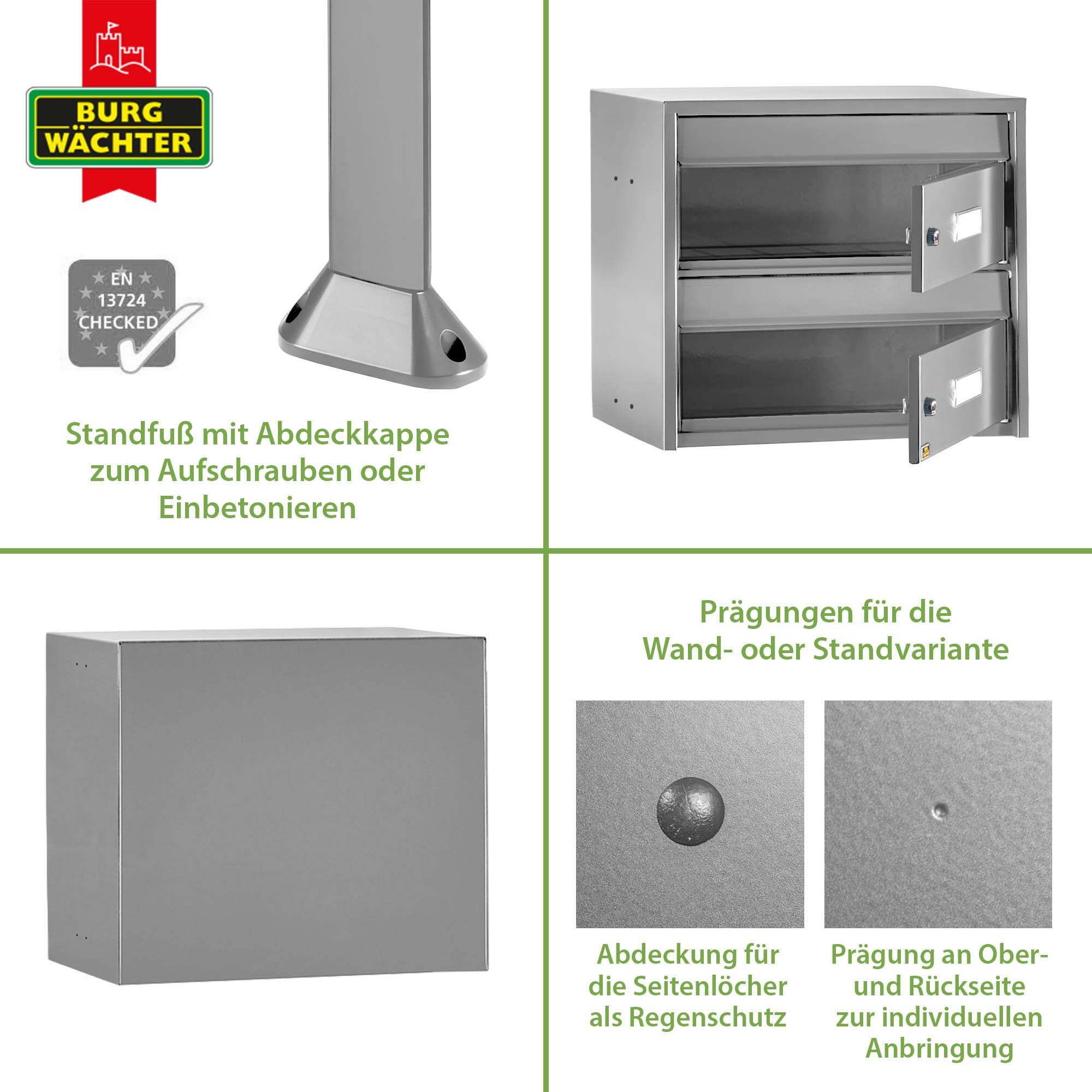 Burg Wächter Briefkastenanlage Doppelbriefkasten 2 Parteien Edelstahl Briefkästen freistehend