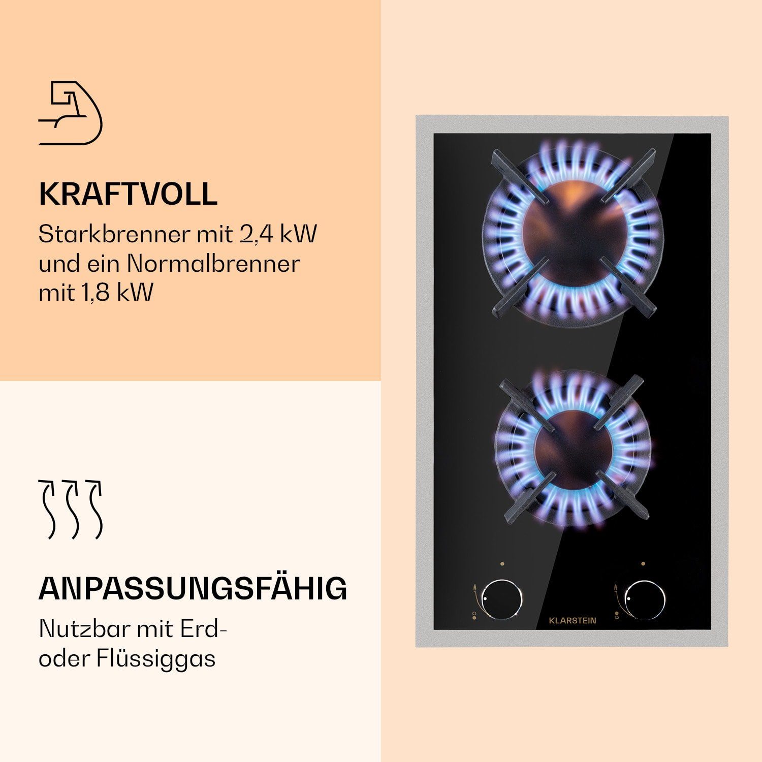 Klarstein Gas-Kochfeld Goldflame Domino Prime Gaskochfeld 2-flammig Messing-Brenner Glaskeramik CP11-Goldflame-D-Pr, Einbau Gas Kochfeld 2 Platten Herdplatte Kochplatte Einbaukochfeld