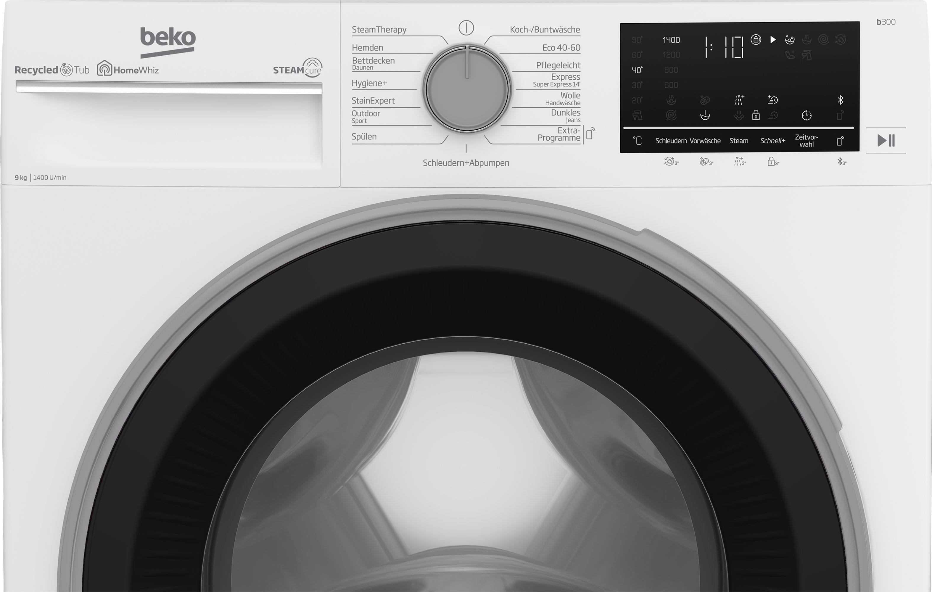 BEKO Waschmaschine b300 B3WFU59415W2, 9 kg, 1400 U/min, SteamCure - 99% allergenfrei