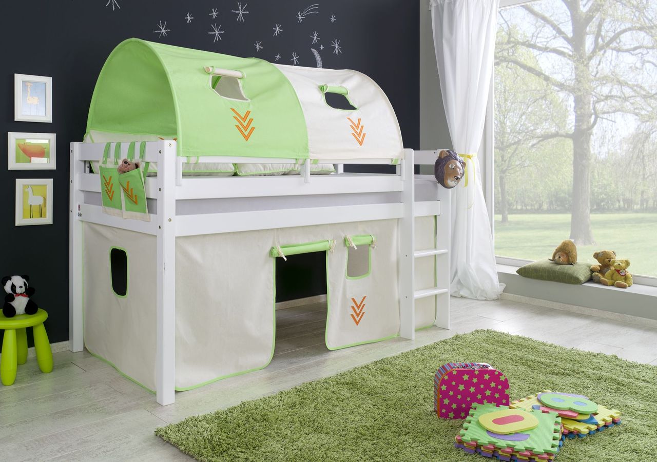 Relita Halbhohes Spielbett ALEX Buche massiv weiß lackiert mit Stoffset Beige/Grün