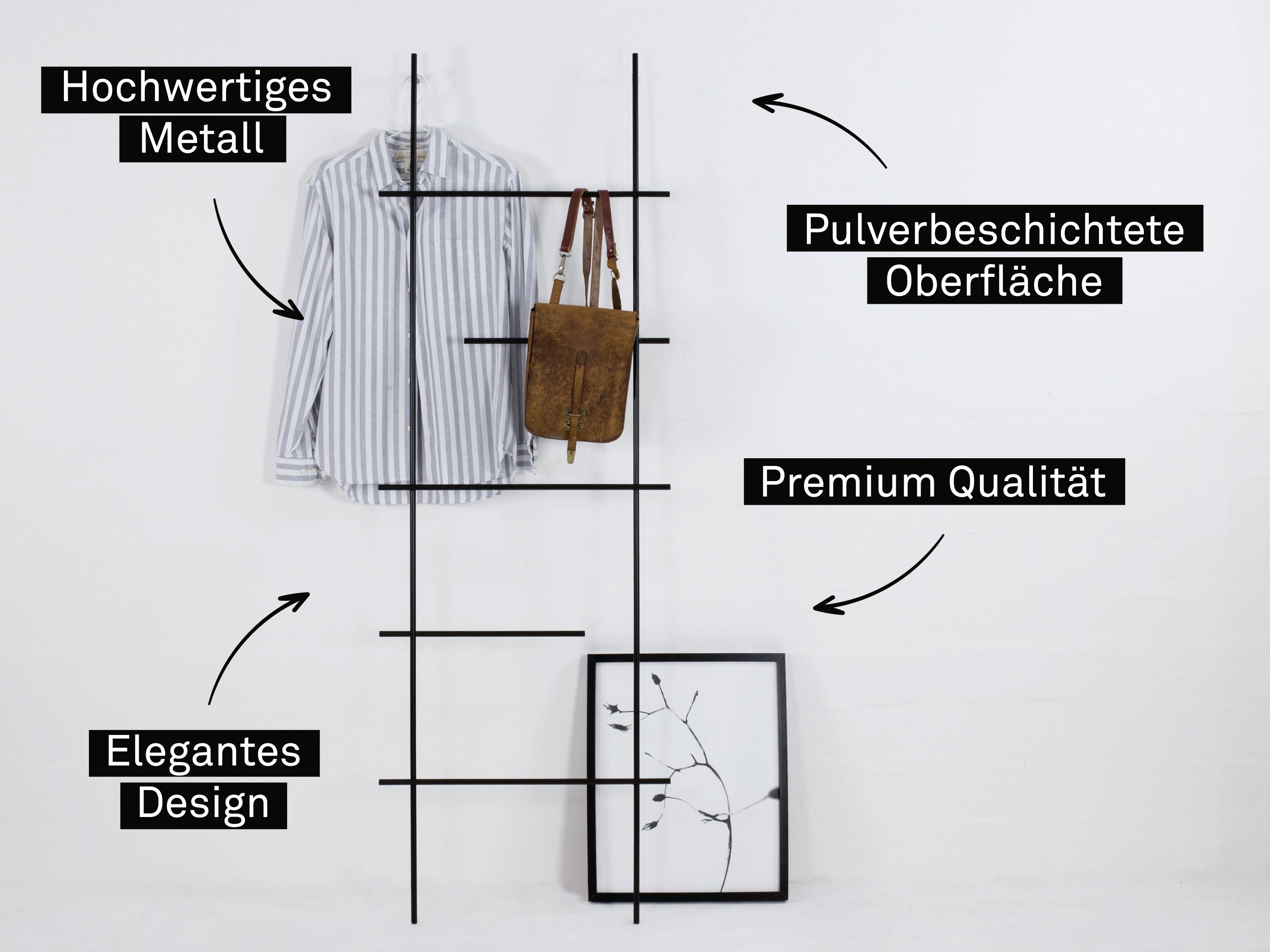 kommod Leiterregal ENDRA, Kleiderleiter, Handtuchleiter – 180 x 60 x 8,5 cm – Metall schwarz