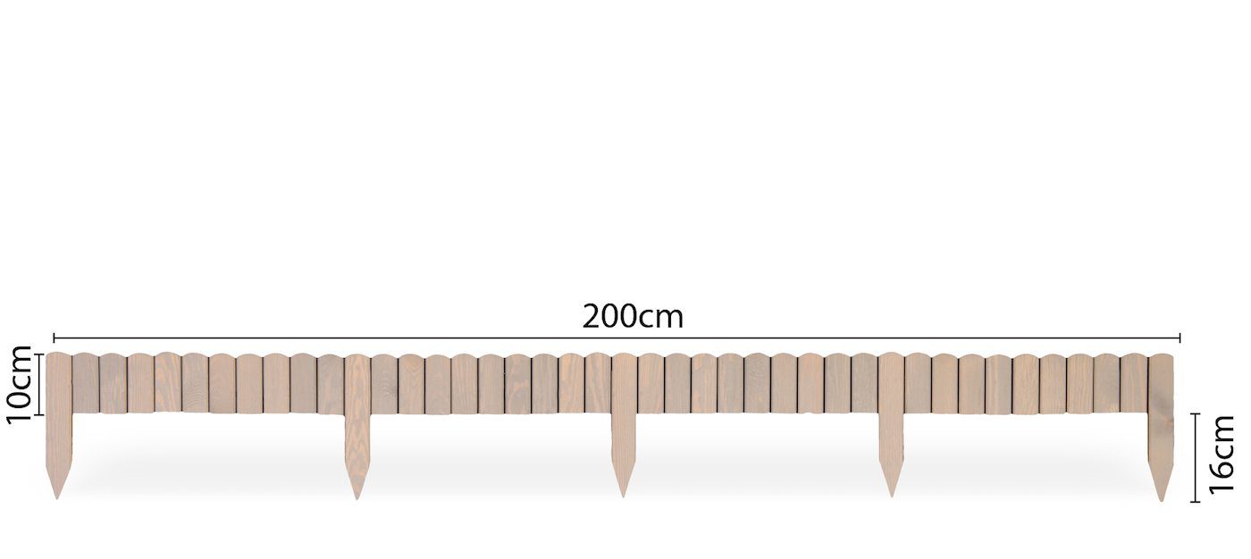 sunnypillow Holzzaun Flexibler Gartenzaun, Beeteinfassung Holz Beetumrandungen Zaun, Länge: 200cm Höhe: 10cm Farbe: Grau