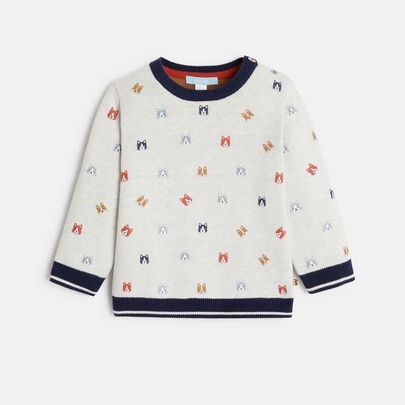 Pull épais maille tricot imprimé animaux gris bébé garçon