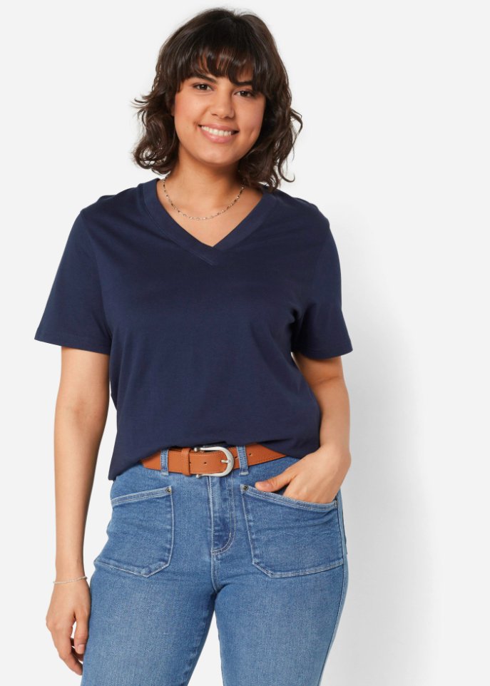 Weites Long-Shirt mit V-Ausschnitt, Kurzarm (5er Pack)