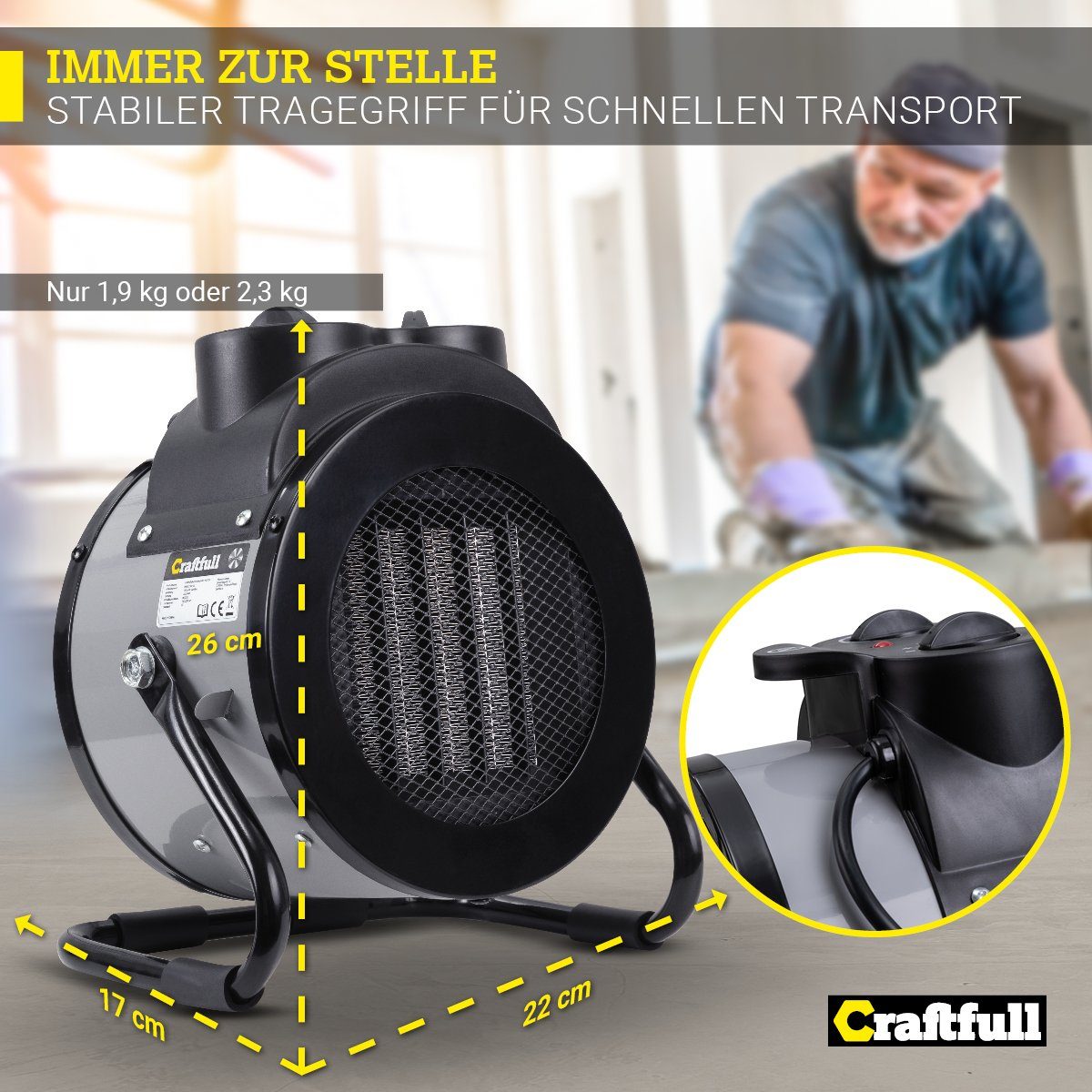 Craftfull Keramikheizlüfter Elektro Heizlüfter HL1000 inkl. 3 Jahre Garantie - Überhitzungsschutz, 2000 W, Elektroheizung Heizstrahler Heizgebläse Heizung - 3 Heizstufen