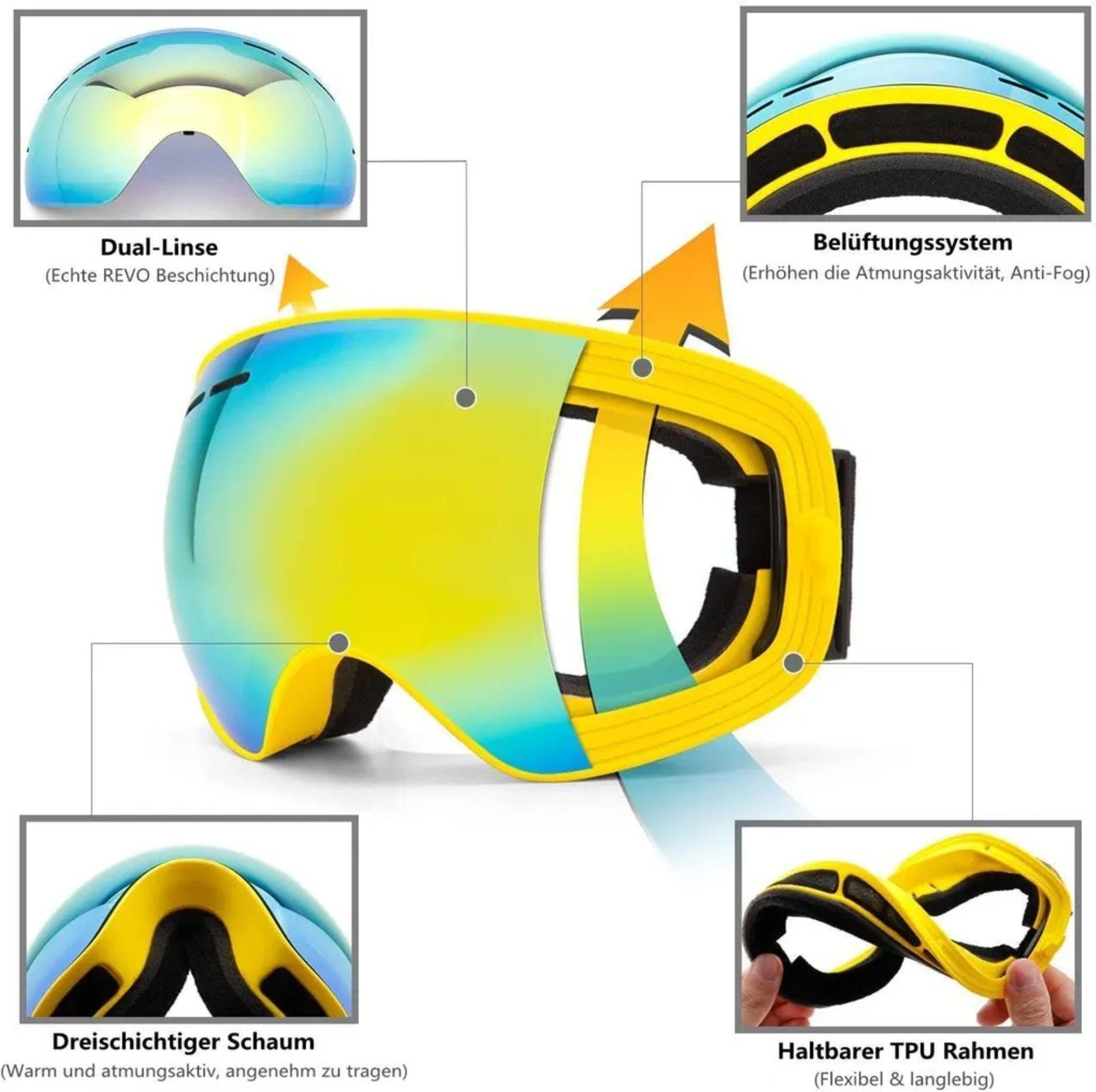 OKA Skibrille Skibrille Snowboard Brille UV-Schutz Anti Fog Ski Goggles für Schnee, für Brillenträger Herren Damen Erwachsene Jugendliche