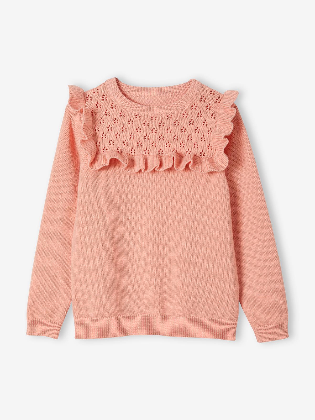 Pull à volant fille détail maille ajourée corail