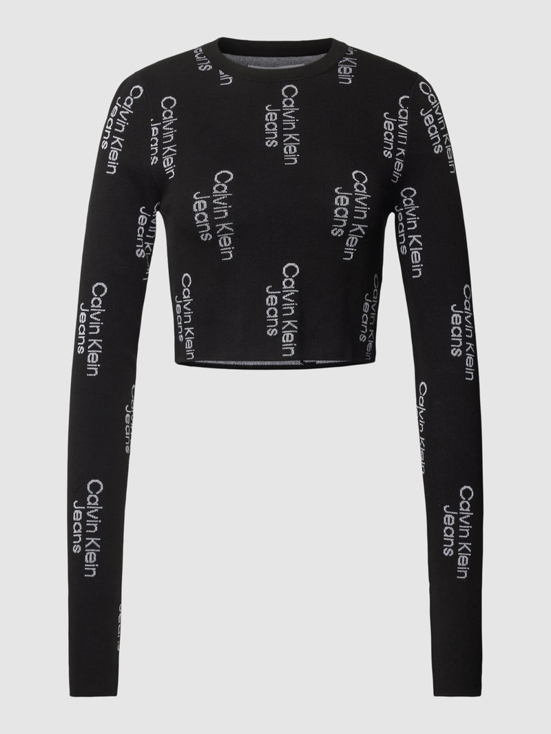 Cropped Stickpullover mit Allover-Label-Muster in black