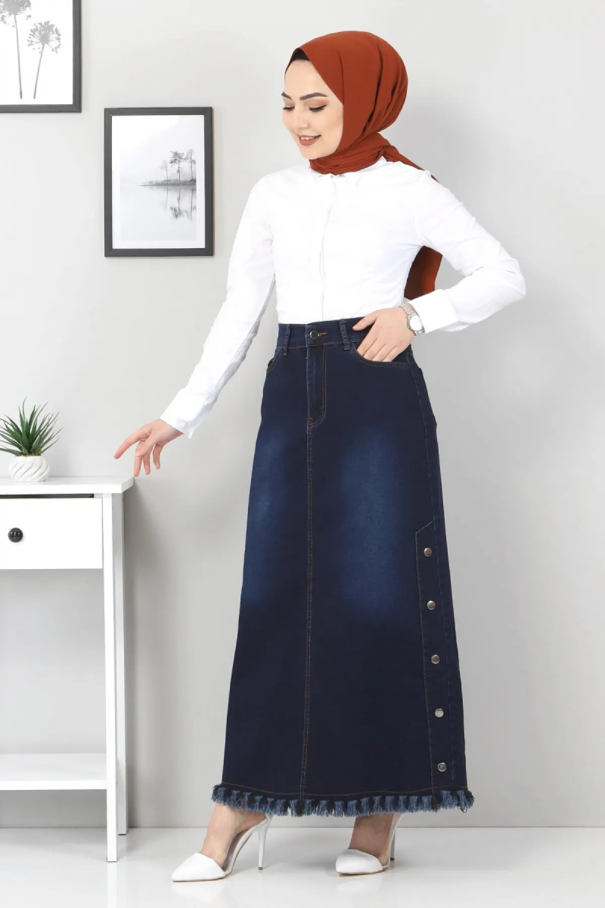 Tesettür Dünyası  Jeansrock mit ausgestellten Seiten Tsd22019 Dunkelblau