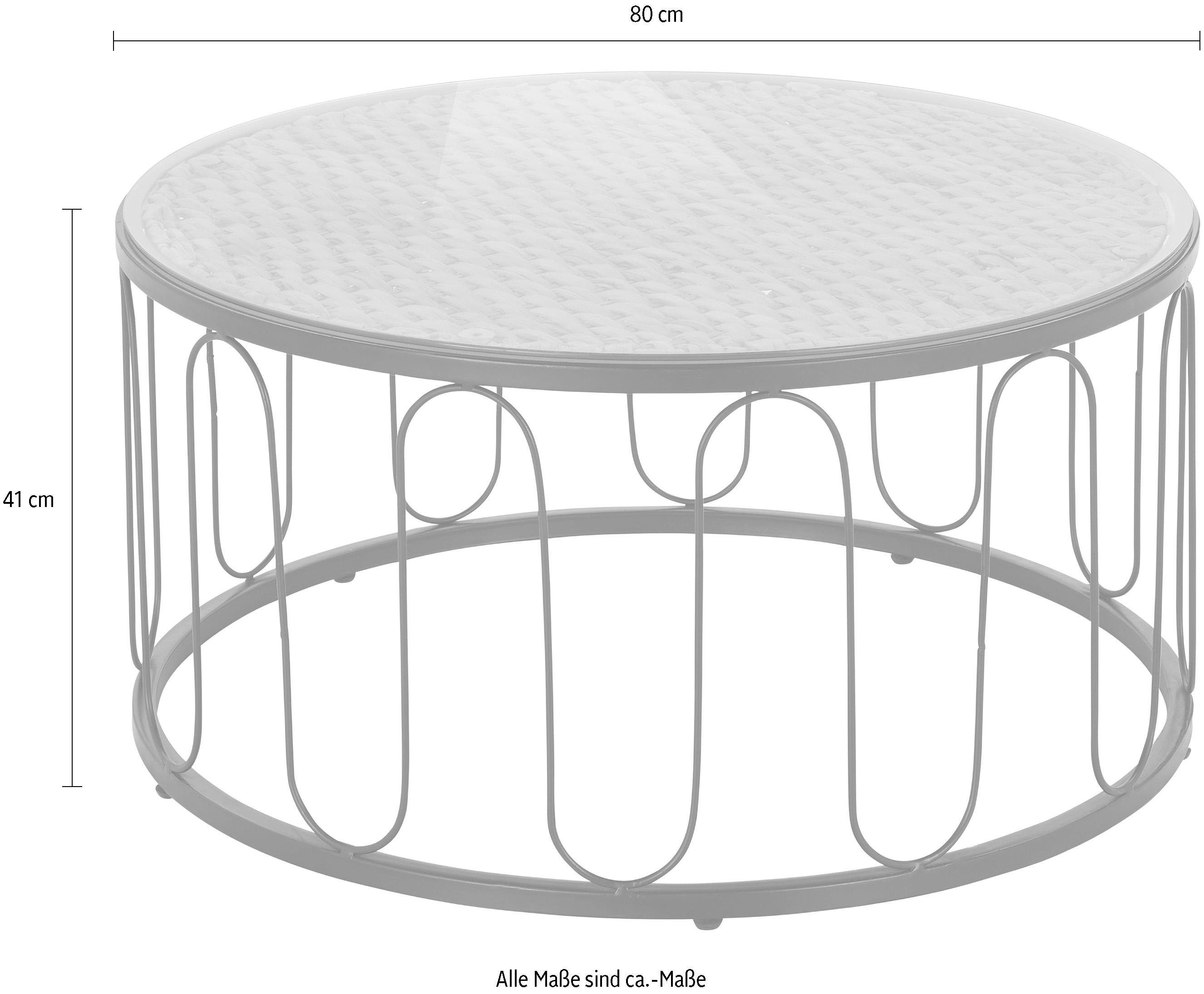 Home affaire Couchtisch Sudbury, geflochtene Wasserhyazinthe, schwarzes Metallgestell, Durchmesser 80cm