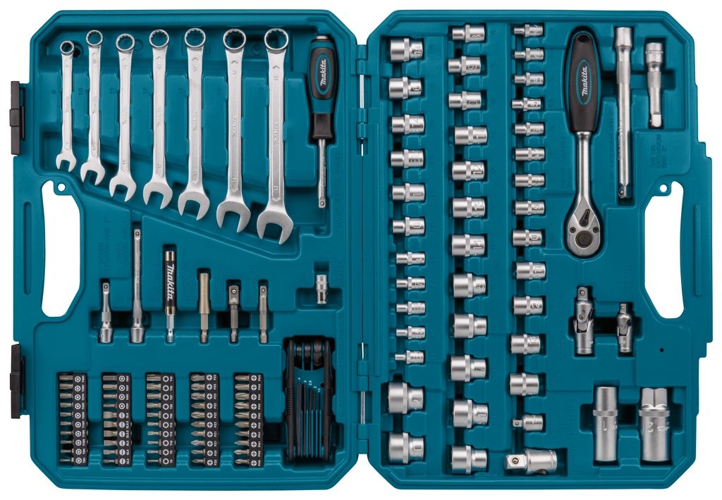 Juego de herramientas manuales Makita Accessories E-06616 de 120 piezas en estuche de plástico.