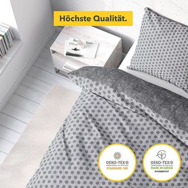 Bettwäsche Träumschön Wende Bettwäsche gestreift, Fein Biber Bettwäsche Punkte, Bettwäsche Grau, Wendebettwäsche aus 100% Baumwolle, Träumschön