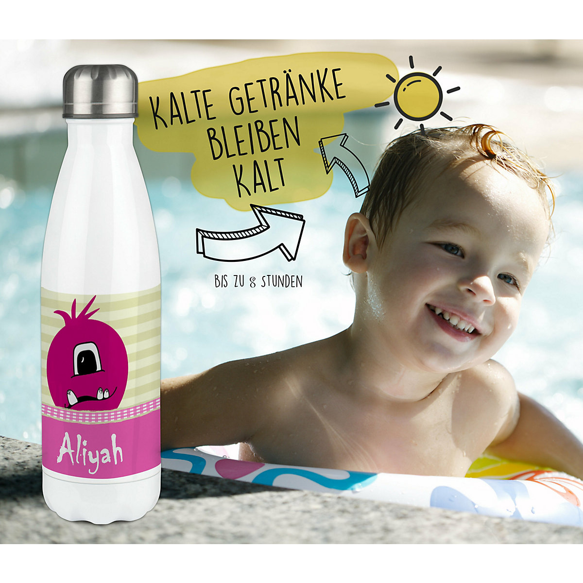 Edelstahl Kinder Thermoflasche / Trinkflasche bunt Monster Karo Farbe rosa Spülmaschinenfest, Auslaufsicher, Bruchfest, Doppelwandig, Für Heißgetränke geeignet, Mit Deckel, Isoliert