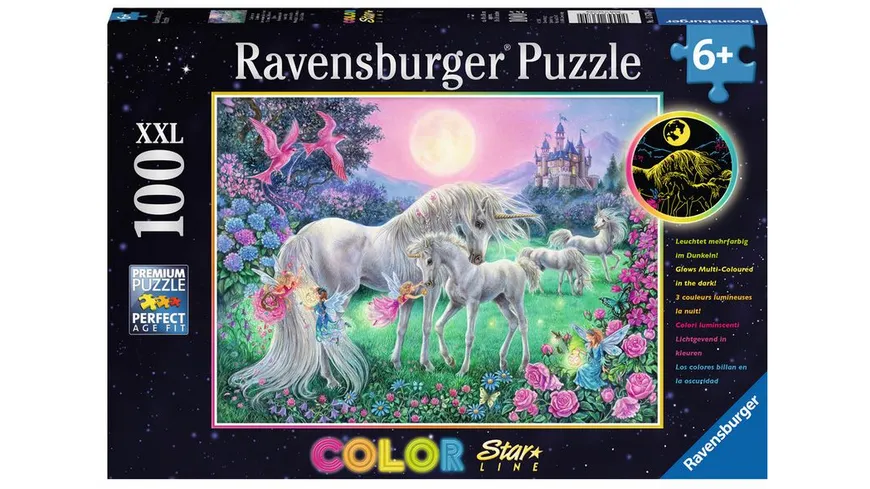 Ravensburger Puzzle - Dreifarbiges Leuchtpuzzle - Einhörner im Mondschein, 100 Teile