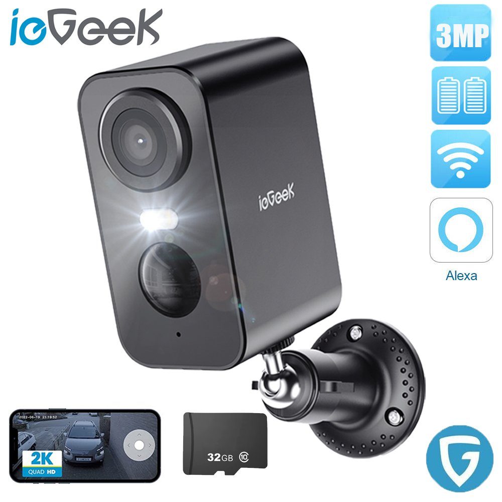 ieGeek 2K 3MP Überwachungskamera Aussen Akku Mit 32GB SD Karte Überwachungskamera (Aussen, Außenbereich, außen/innen, wlan Kabellose Überwachungskamera mit farbige Nachtsicht,PIR-Bewegungserkennung, Lange Zeit Standby,Cloud/SD Storage,IP65,2-Wege Aud