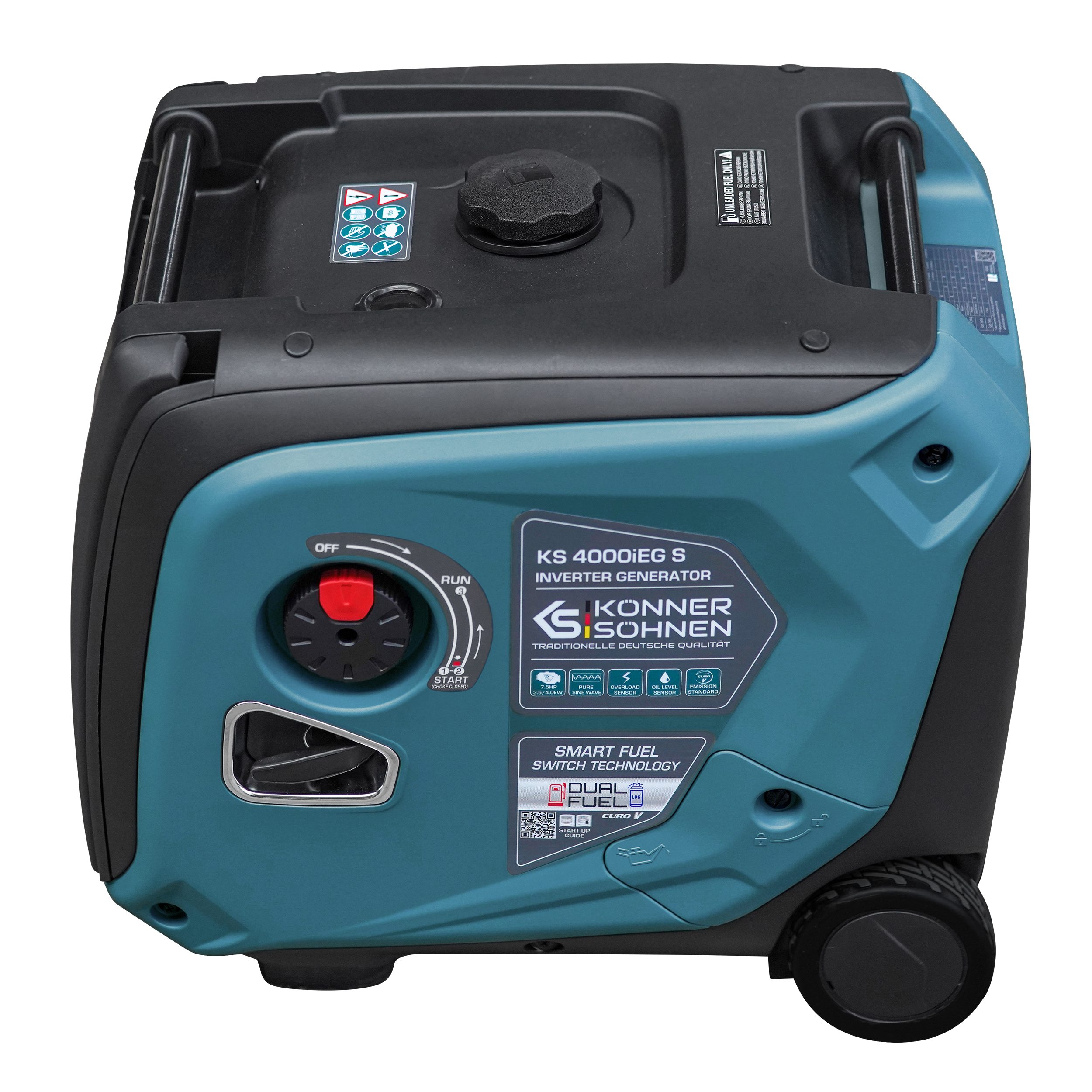 Könner & Söhnen Stromerzeuger KS 4000iEG S, 4,00 in kW, (66 dB Lpa 7m, 2хSchuko 230 V, 2 USB-Anschlüsse, 1-tlg., LED-Anzeige, einfacher Elektrostart, ECONOMY-Modus), Kupferwicklung, Kurzschluss- und Überlastschutz, EURO V
