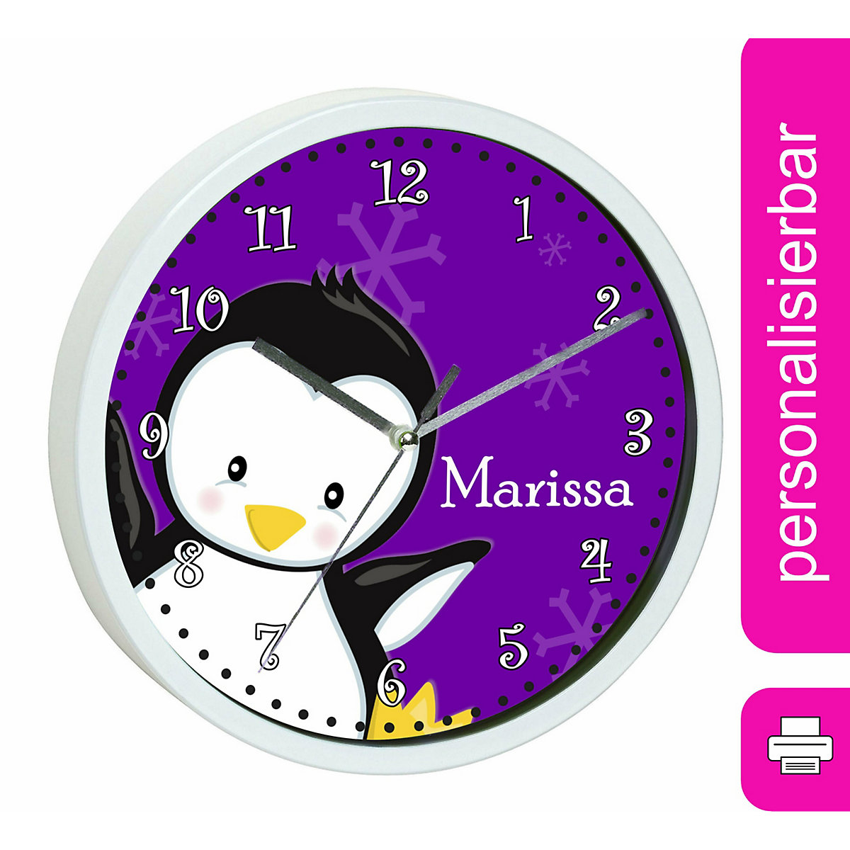 Kinder Wanduhr personalisiert mit Name Pinguin lila