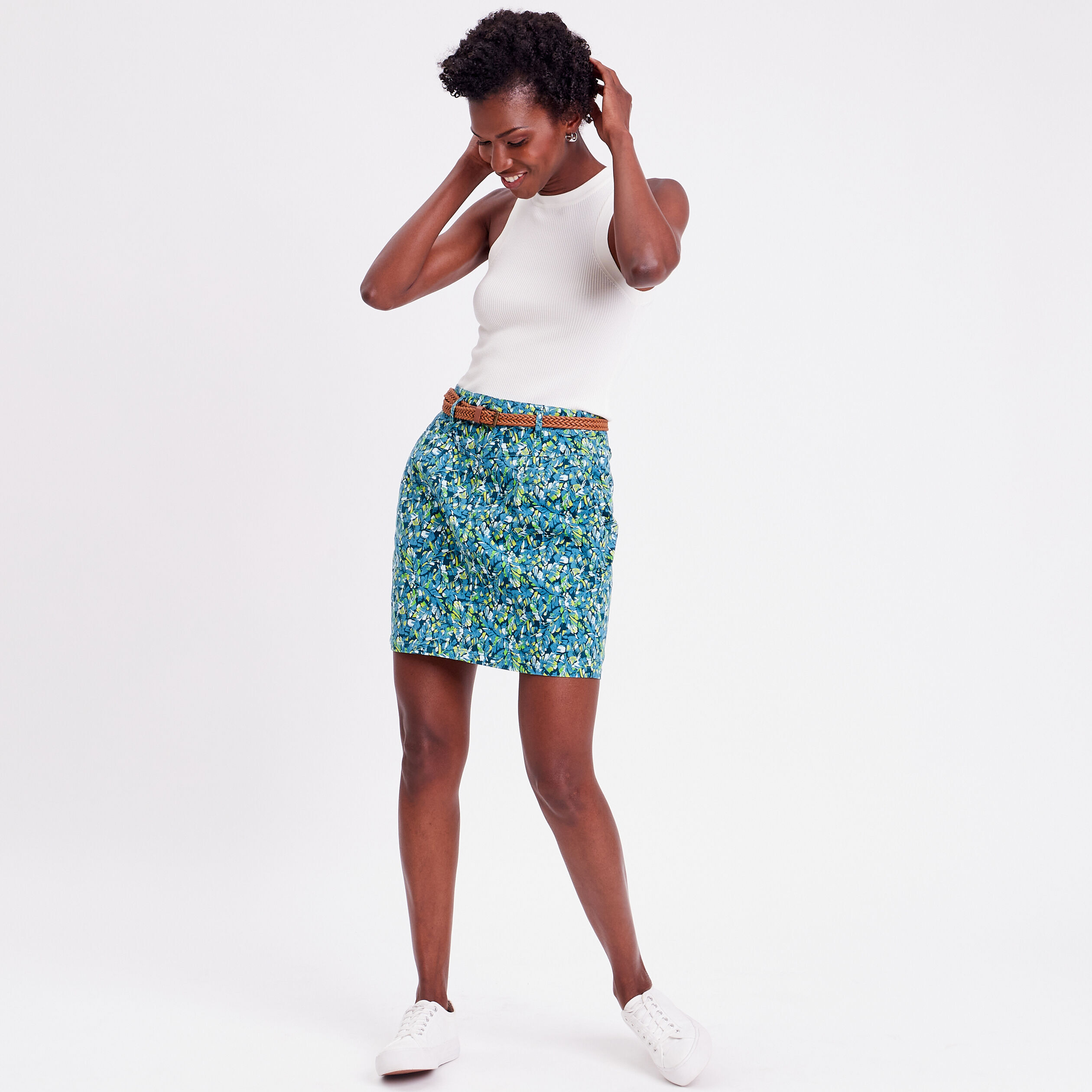 Jupe chino droite ceinturée bleu femme | Cache Cache