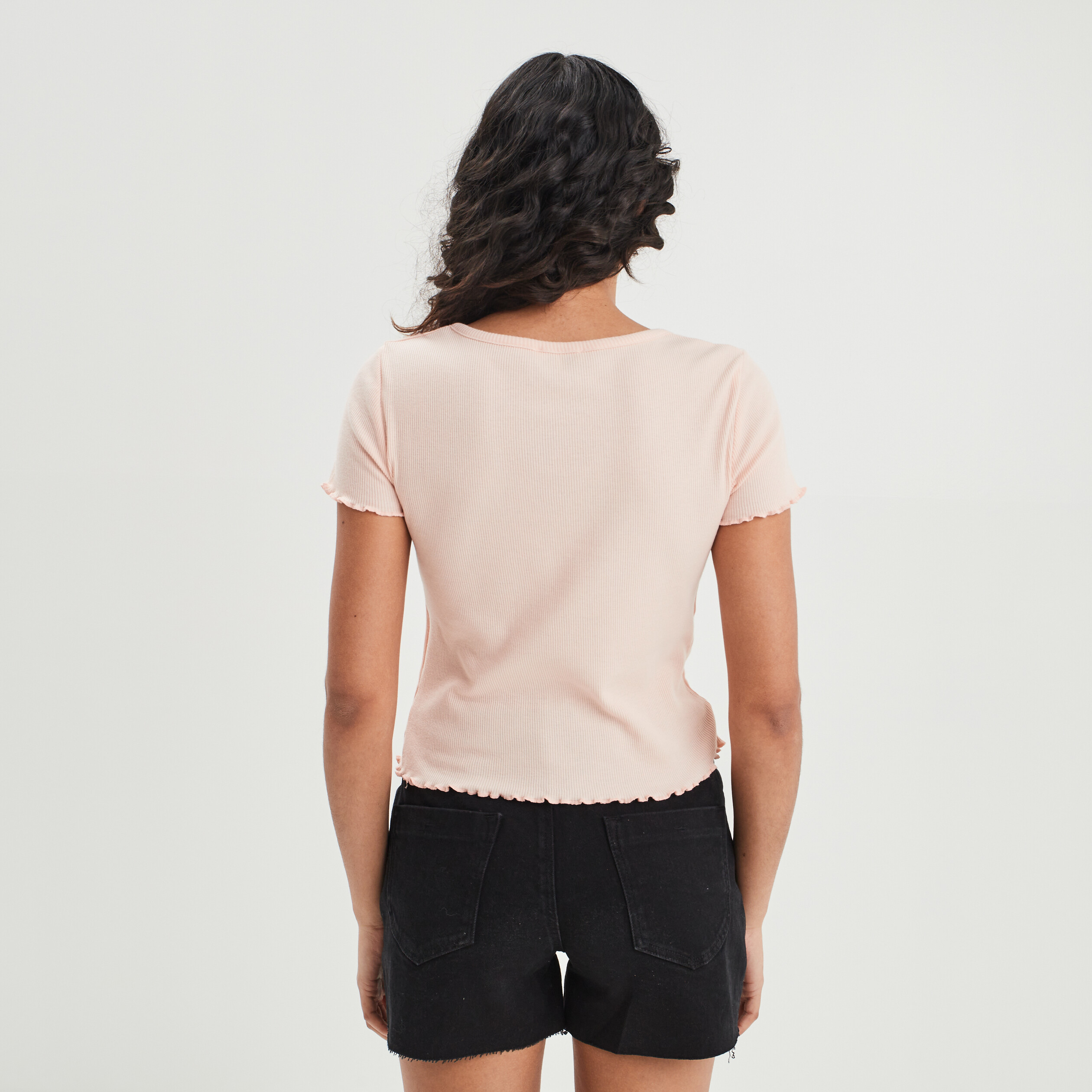 T-shirt court à col en V rose poudrée femme | La Halle