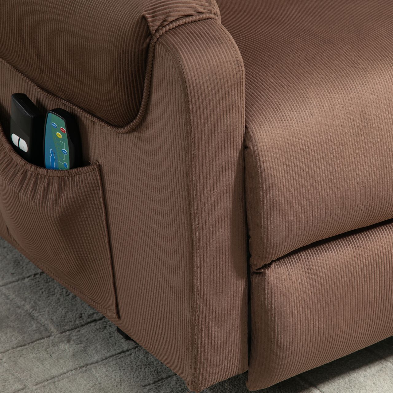 HOMCOM Fernsehsessel mit Massagefunktion Aufstehhilfe Fernbedienung Heizung elektrisch Liegefunktion Polyester-Gewebe Metall Hellbraun 79 x 97 x 103 cm