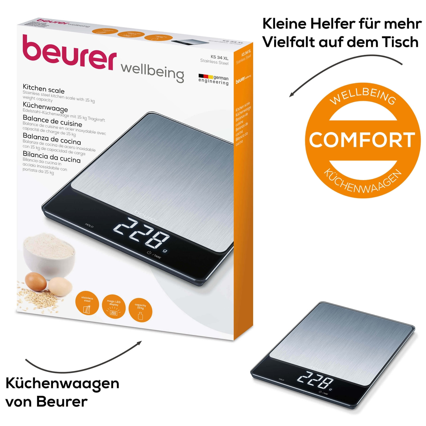 Beurer KS 34 XL Stainless Steel Küchenwaage-Edle XL Küchenwaage im Edelstahl-Design mit Magic-Display bis 15 kg