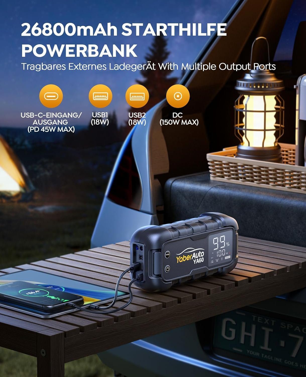 Yaber Starthilfegerät 26800 mAh, 6000A Spitzenstrom Powerbank, 45W Schnellladung