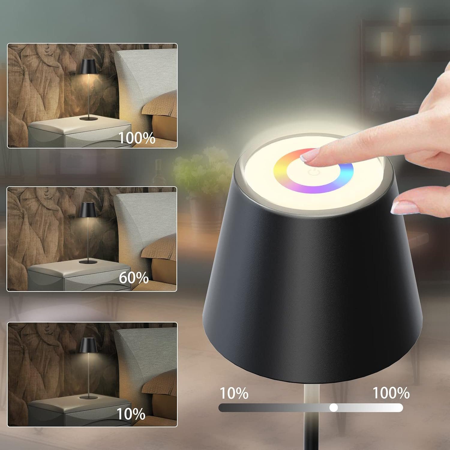 AKKEE LED Tischleuchte Außen-Tischleuchte Tischleuchten Kabellos Schwarz LED Tischlampe, Wiederaufladbar, LED fest integriert, 8 Farben verfügbar+ Dimmbare Tischleuchte, mit Touch-Schalter für Innen und Außenbereich