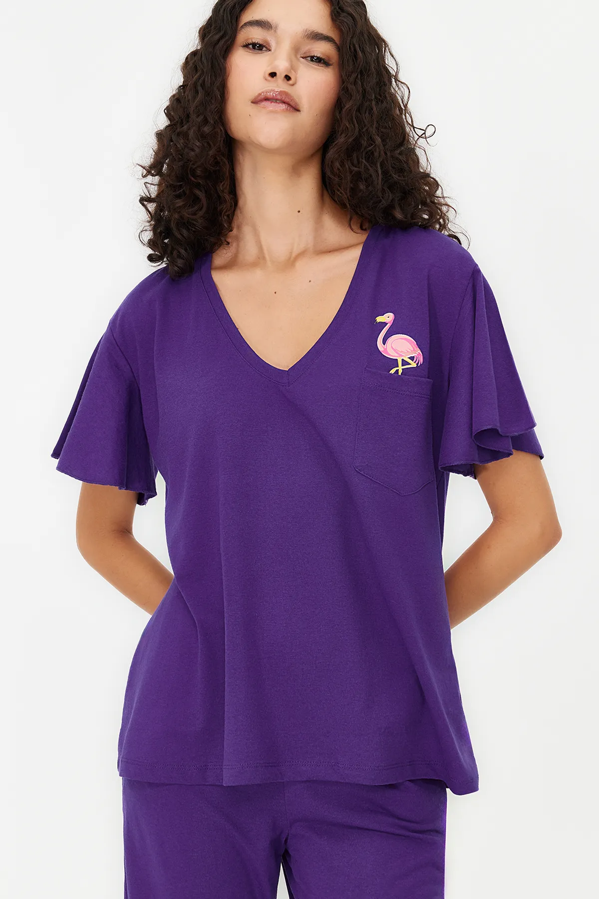 Trendyol Collection  Lilafarbenes Pyjama-Set aus Baumwolle mit Flamingo-Aufdruck und Schwungrad-Detail THMSS20PT0172