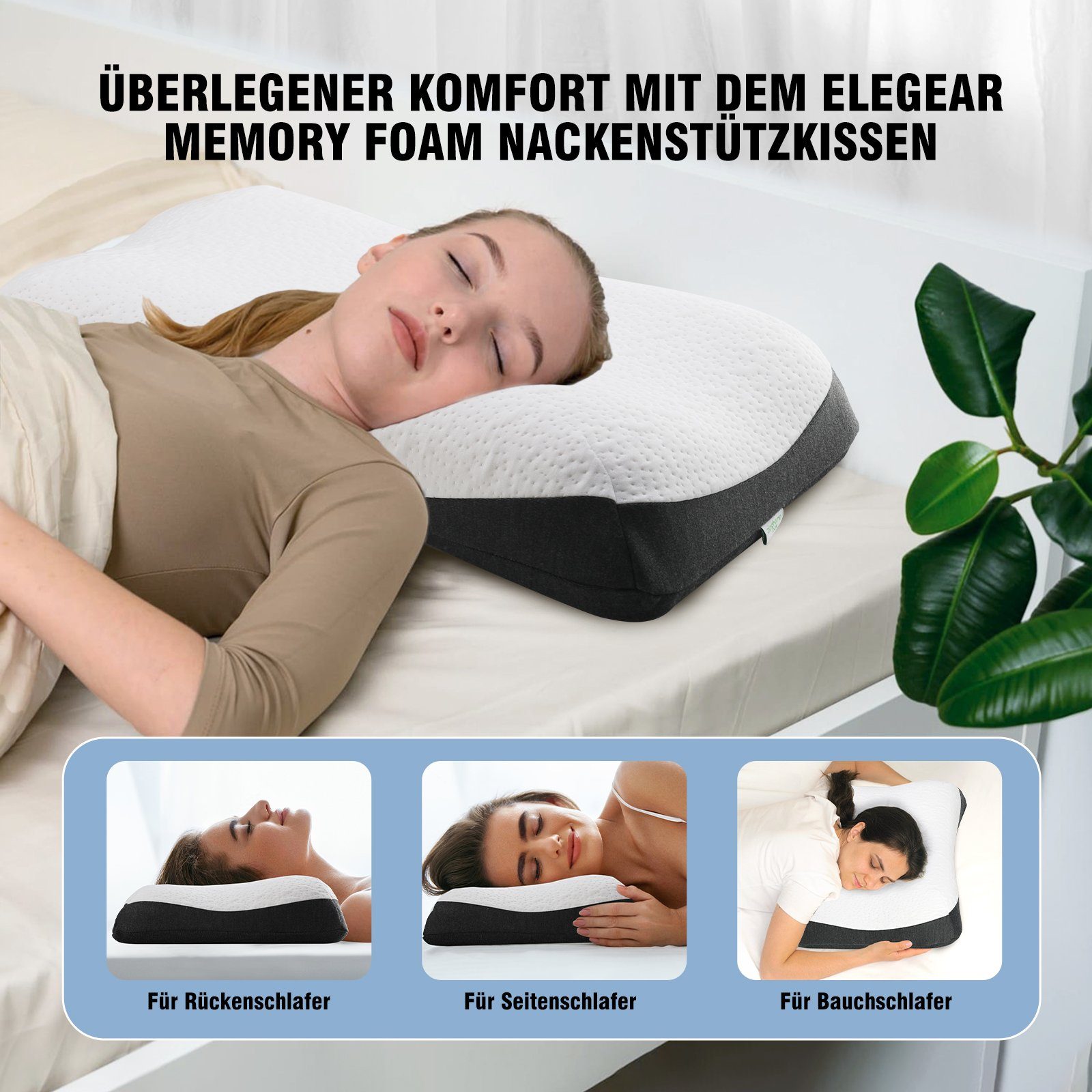 Nackenstützkissen Nackenstützkissen höhenverstellbar für nackenschmerzen und schulter, Elegear, Füllung: Memory-Foam, Bezug: Modalstoff, Rückenschläfer, Seitenschläfer, Bauchschläfer, 60X34cm Kopfkissen, Schlafkissen mit Bezug