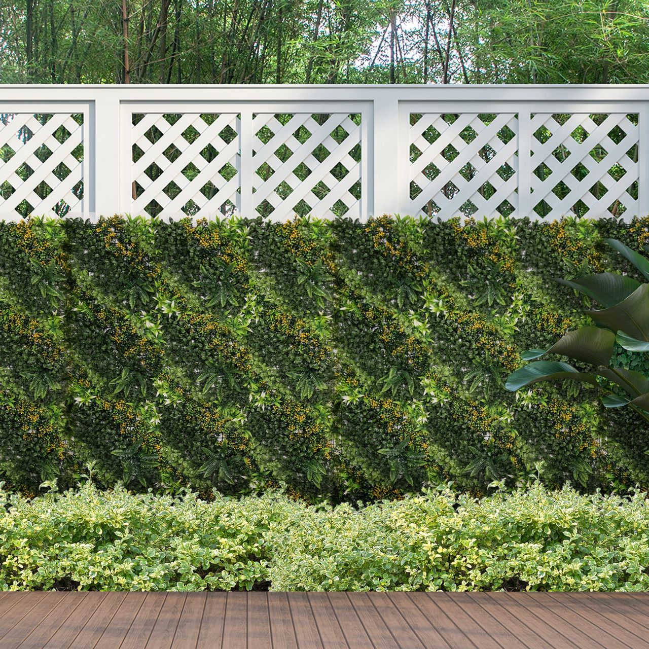 Outsunny 12 Stück künstliches Pflanzenwand Hecke 50x50 cm UV-Schutz Sichtschutz Mehrblättriges Design Heckenpflanze für Garten Outdoor Dekor