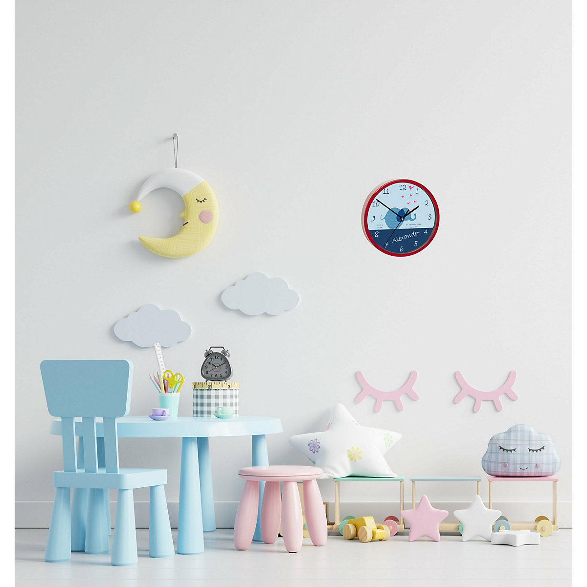 Kinder Wanduhr personalisiert mit Name Elefant blau