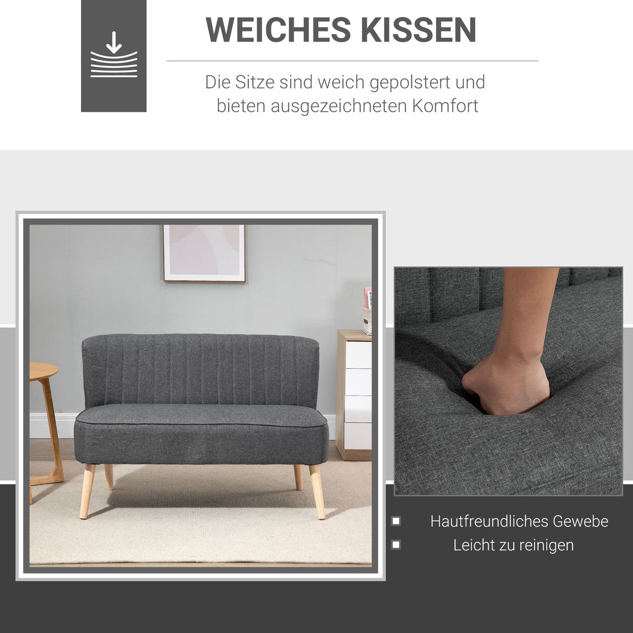 HOMCOM 2-Sitzer Stoffsofa Polstersofa Sitzmöbel Loungesofa Holz Schaumstoff Hellgrau 117 x 56,5 x 77 cm