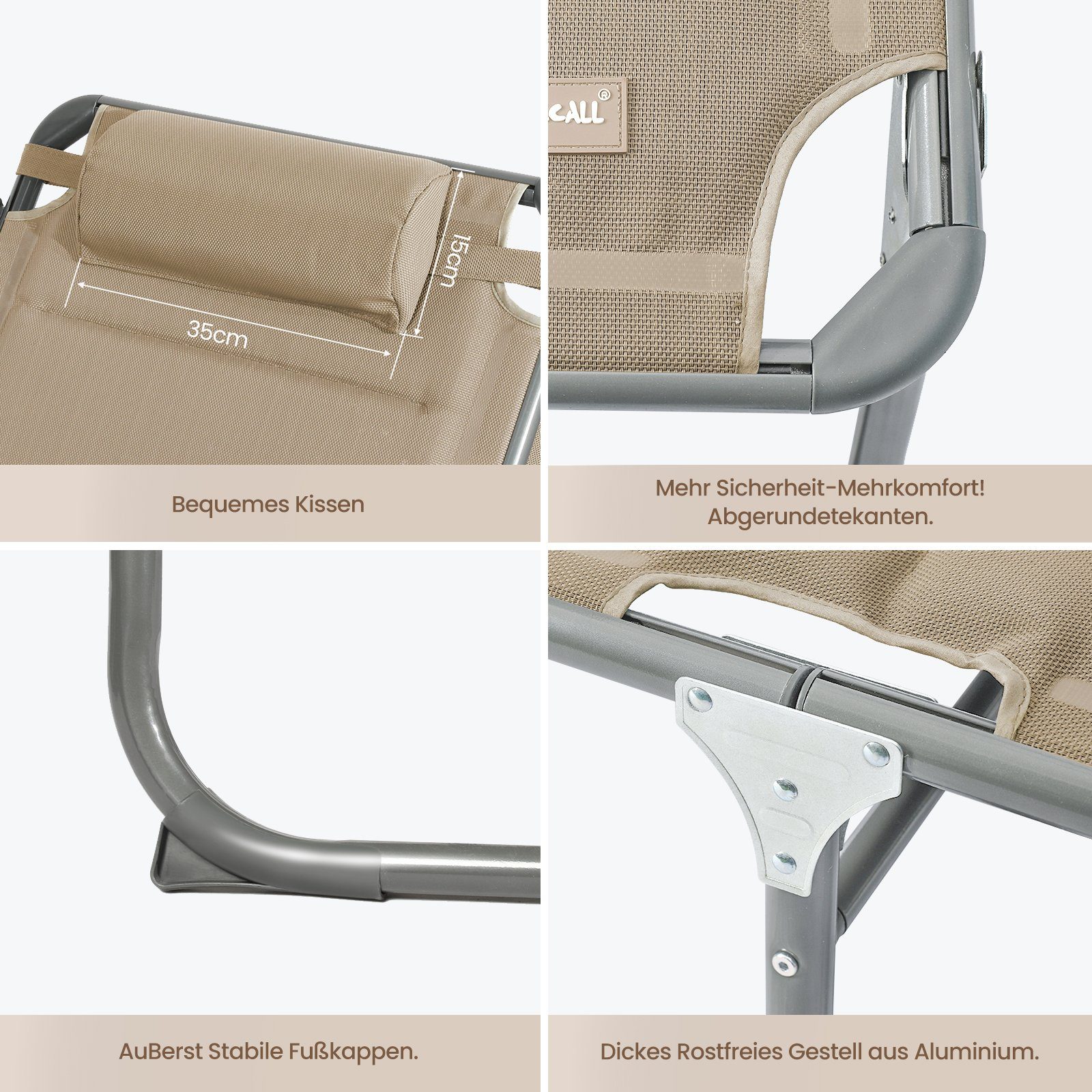 HOMECALL Gartenliege Sonnenliege AluLiege Liegestuhl Strandliege, klappbar, Textilene Mit Dickem Schwamm, Verstellbare Rückenlehne, Sonnenblende, Kopfpolster, bis 150KG